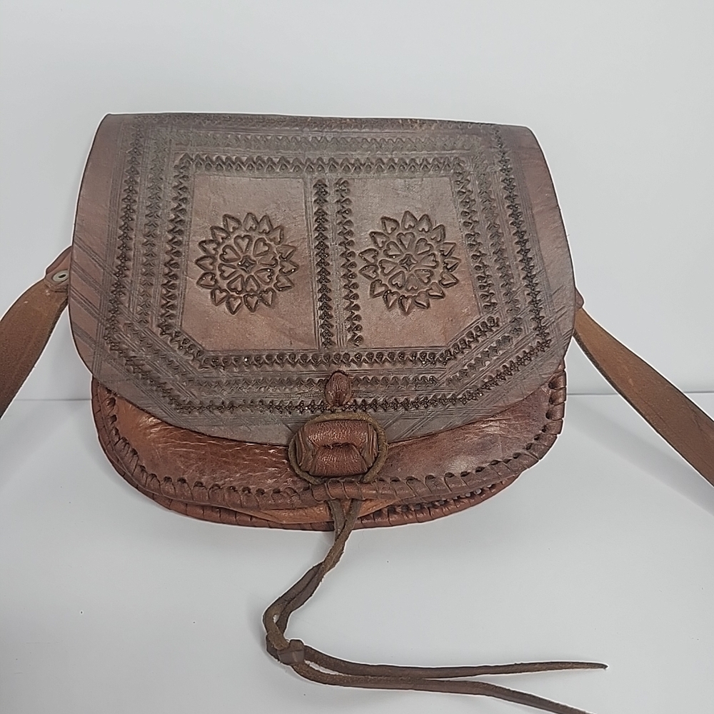 Vintage Tooled Handcrafted Brown Leather Shoulder/Crossbody Bag